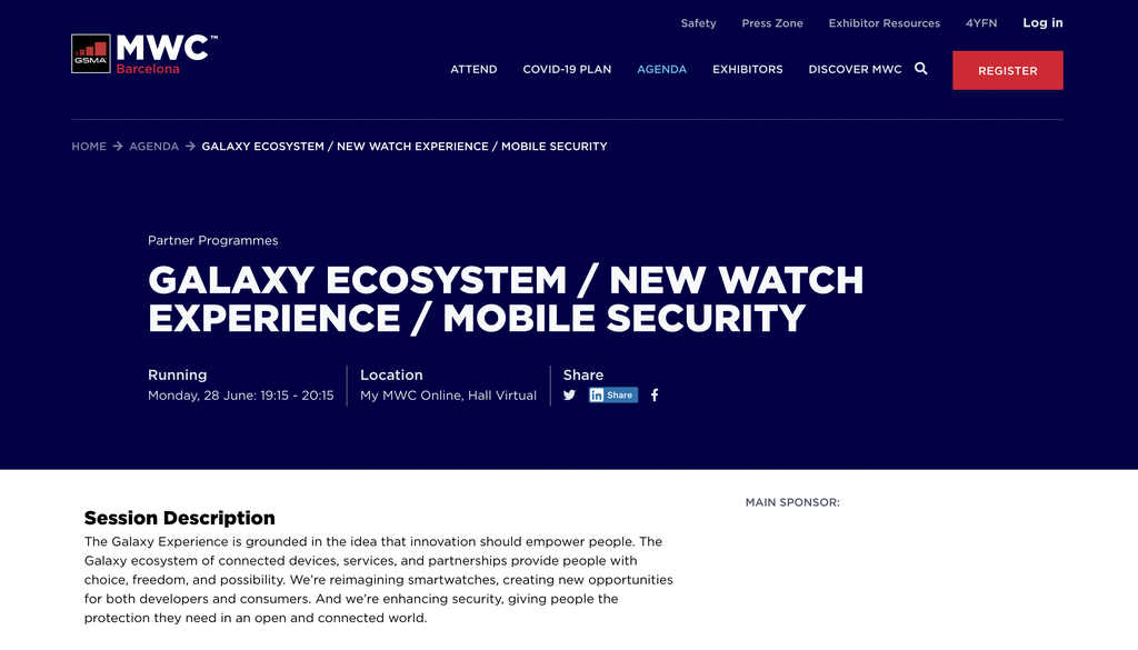 Site da MWC sobre o evento da Samsung (Imagem: Reprodução/Mobile World Congress)