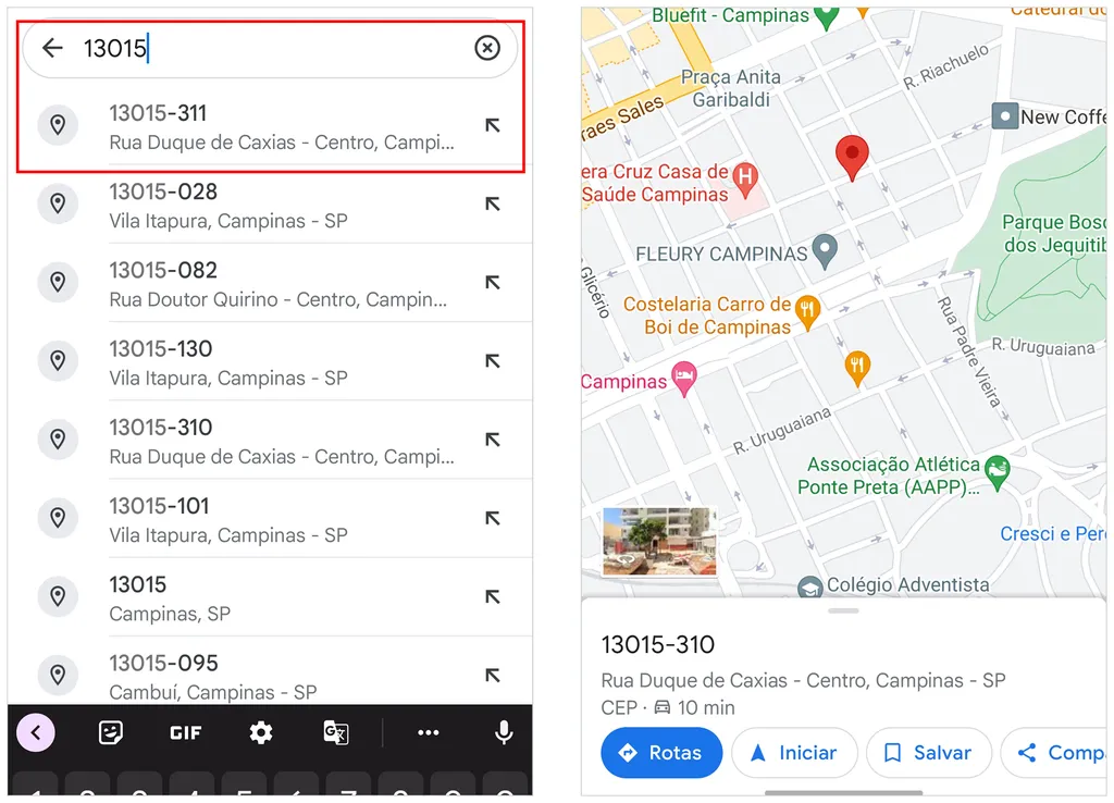 Encontre um endereço no Maps a partir do CEP (Imagem: Captura de tela/André Magalhães/Canaltech)