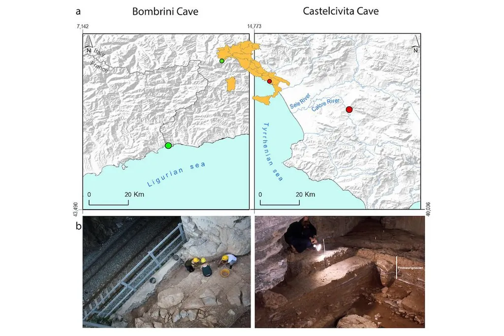Locais onde foram encontradas as pedras de moagem usadas pelos hominídeos do passado — cavernas de Bombrini (Ligúria, no norte) e Castelcivita (Campania, no sul) (Imagem: Lippi et al./Quaternary Science Reviews)