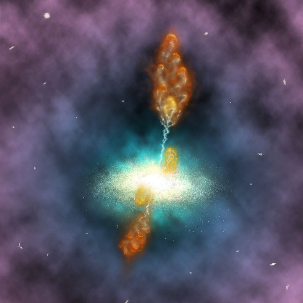 Ilustração do aglomerado de galáxias Phoenix e suas rajadas emitidas por um buraco negro central (Imagem: Reprodução/NAOJ)