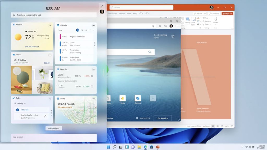 Visual retrabalhado e recursos novos — ou recauchutados, tipo os Widgets — são as principais razões para baixar o Windows 11 (Imagem: Reprodução/Microsoft)
