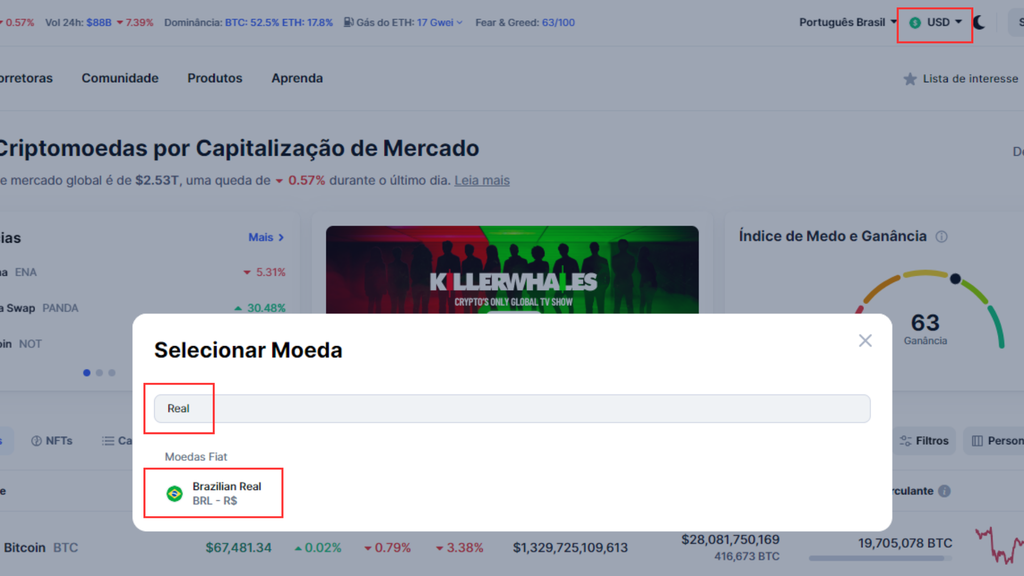 Como alterar a moeda de conversão do CoinMarketCap (Imagem: Captura de tela/Bruno De Blasi/Canaltech)