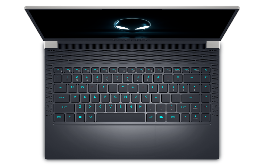 Para manter as temperaturas sob controle, o Alienware X14 utiliza a maior parte do deck do teclado como entrada de ar, e emprega uma dobradiça exclusiva para facilitar o fluxo do vento (Imagem: Dell)