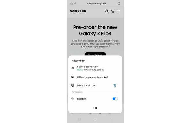 Usuários podem conferir informações sobre cookies, permissões e tentativas de rastreamento num único toque (Imagem: Reprodução/Samsung)