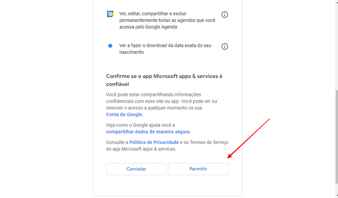 Antes de usar o Gmail no Outlook, é necessário ceder permissão de acesso ao serviço (Imagem: Captura de tela/Fabrício Calixto/Canaltech)