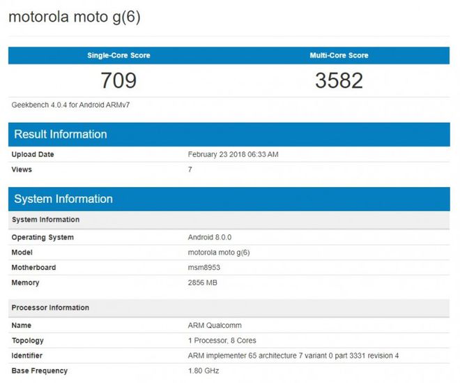 Resultado de teste de performance do Moto G6 (Imagem: Geekbench)