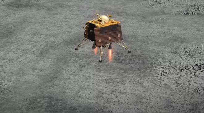 Representação de como esperava-se que o lander Vikram, da missão Chandayaan-2, pousasse na Lua em 2019 (Imagem: Reprodução/ISRO)