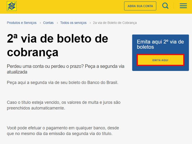 Acesse a página do Banco do Brasil e clique em "Emita aqui" (Captura de tela: Matheus Bigogno)