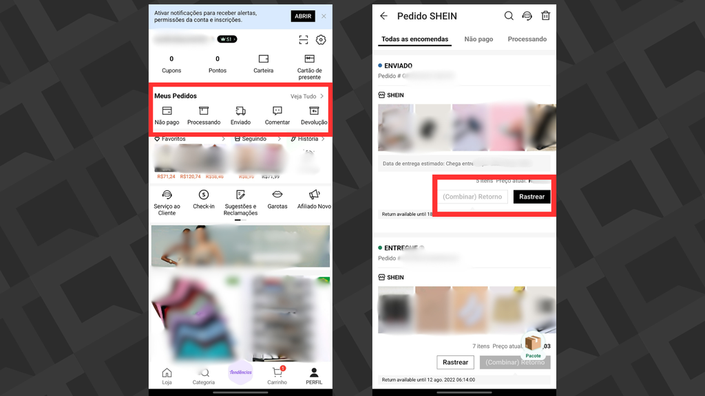 Capturas de tela que indicam o processo para pedir reembolso na plataforma Shein