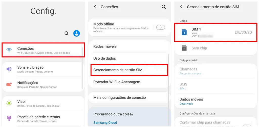 Você pode conferir seu número de celular através das configurações (Captura de tela: Canaltech/Felipe Freitas)