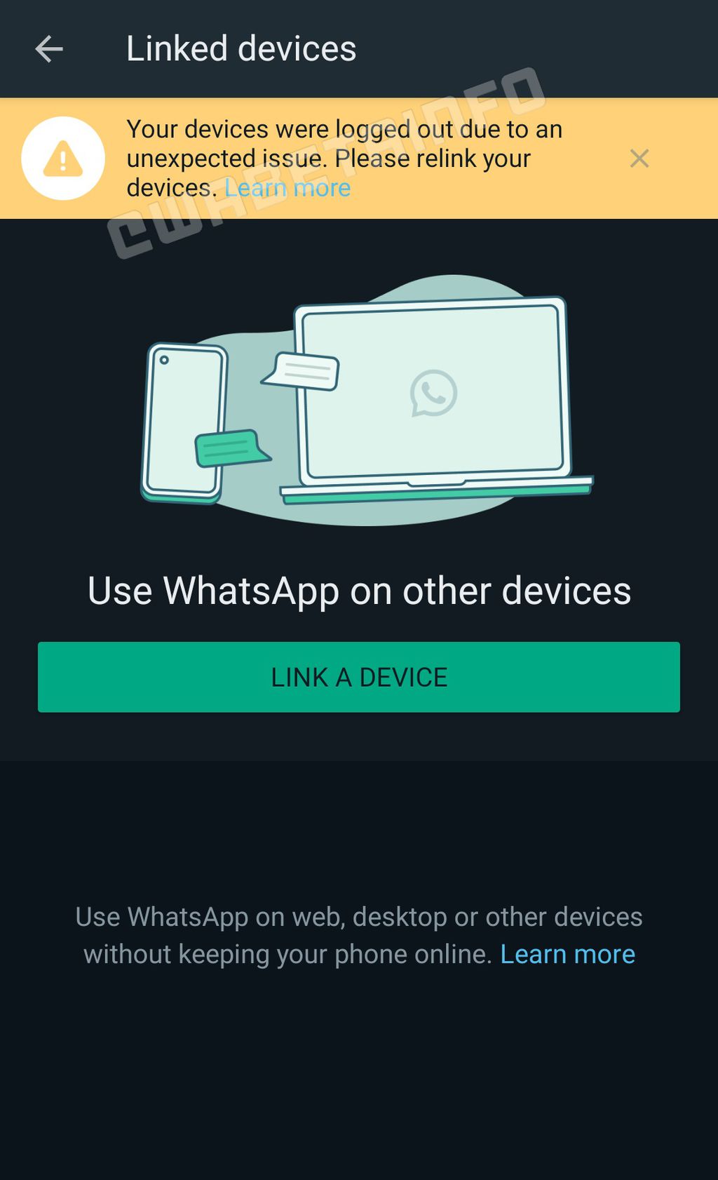 O aviso em amarelo aparece na tela "Dispositivos conectados" no app WhatsApp (Imagem: Reprodução/WABetaInfo)