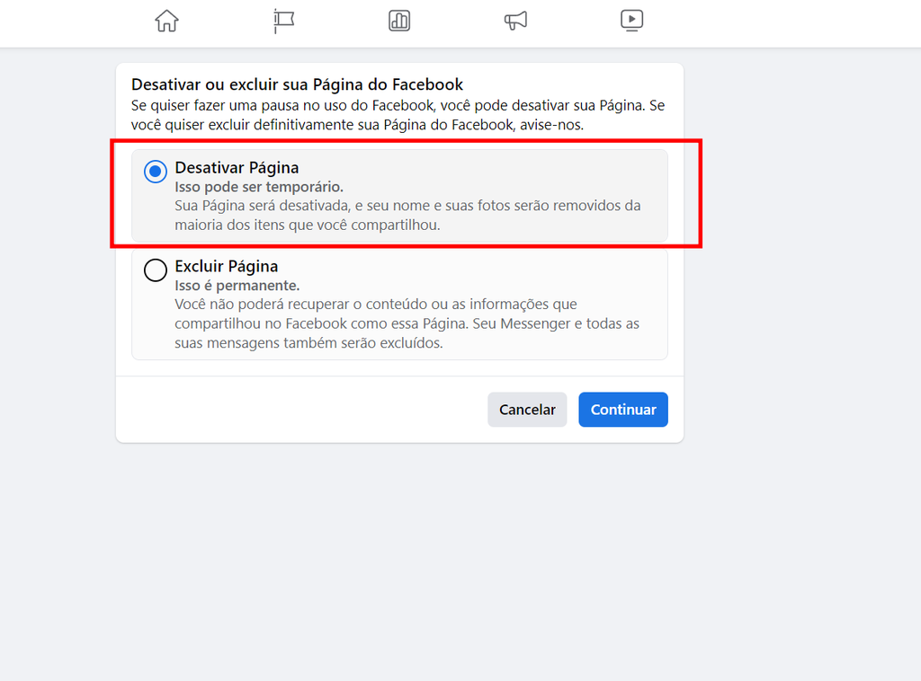 O Facebook permite desativar uma página e reativá-la quando você quiser (Imagem: Captura de tela/Fabrício Calixto/Canaltech)