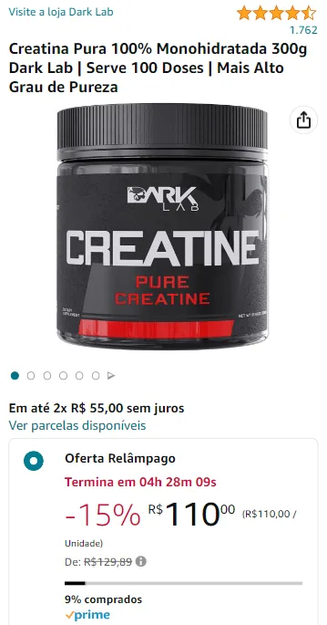 Creatina Pura 100 Monohidratada 300g Dark Lab Serve 100 Doses Mais