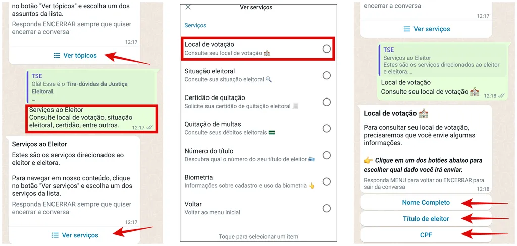 É possível consultar o local de votação pelo WhatsApp conversando com a conta oficial do TSE (Rodrigo Folter/Captura de tela)