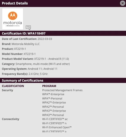 Moto G52J 5G certificações