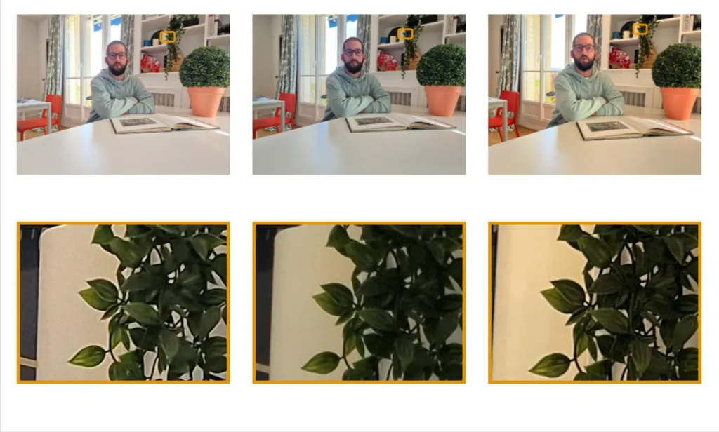 Processamento da imagem pode gerar efeitos menos naturais no S22 Ultra (esquerda), em comparação com o S21 Ultra (centro) e iPhone 13 Pro (direita) (Imagem: Reprodução/DXOMARK)