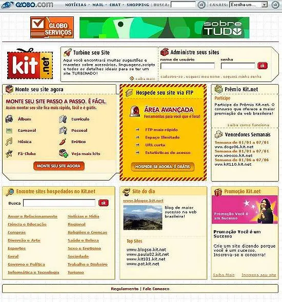 O Kit.net mostrava sites do dia, tinha uma ferramenta de busca e possibilitava a criação facilitada de páginas (Imagem: Reprodução/Globo.com)