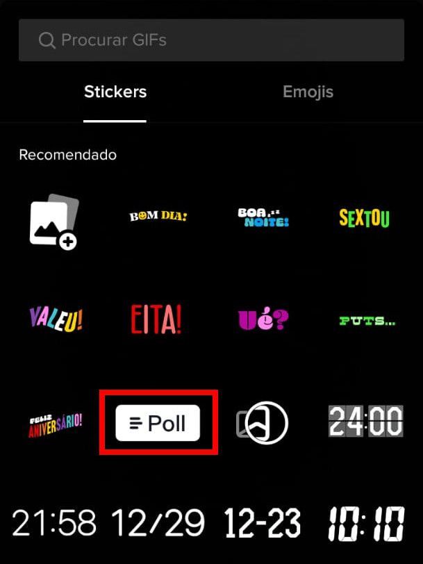 No menu de Stickers, selecione a opção "Poll" para poder criar uma enquete (Captura de tela: Matheus Bigogno)