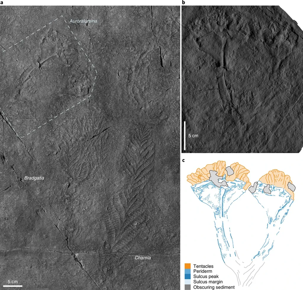 Fóssil e estrutura descoberta do Auroralumina attenboroughi (Imagem: Dunn et al./Nature Ecology & Evolution)
