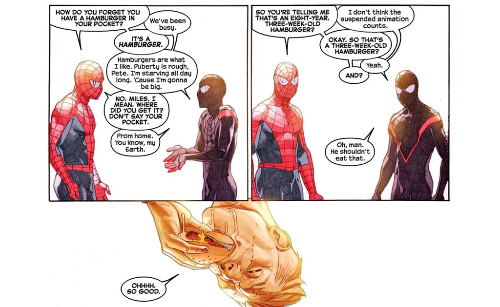 Os Homens-Aranha interagindo em Guerras Secretas são risos à parte (Imagem: Reprodução/Marvel Comics)