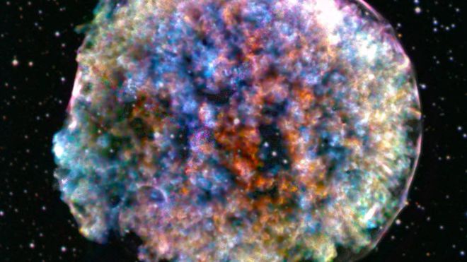 Remanescente da supernova Tycho (Imagem: X-ray: NASA/CXC/RIKEN & GSFC/T. Sato et al; Optical: DSS)