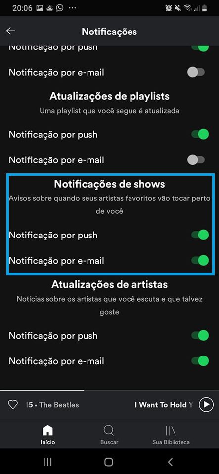 Configure o Spotify para enviar notificações de shows (Captura de tela: Ariane Velasco)