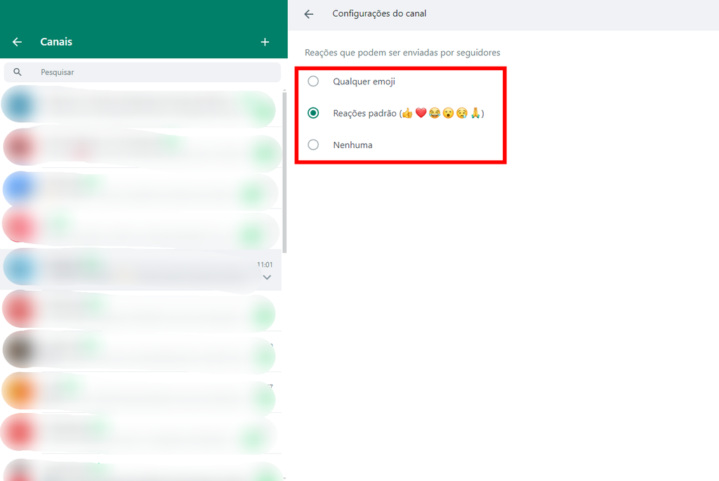 Como configurar as reações de um canal na versão web do WhatsApp (Imagem: Captura de tela/Fabrício Calixto/Canaltech)