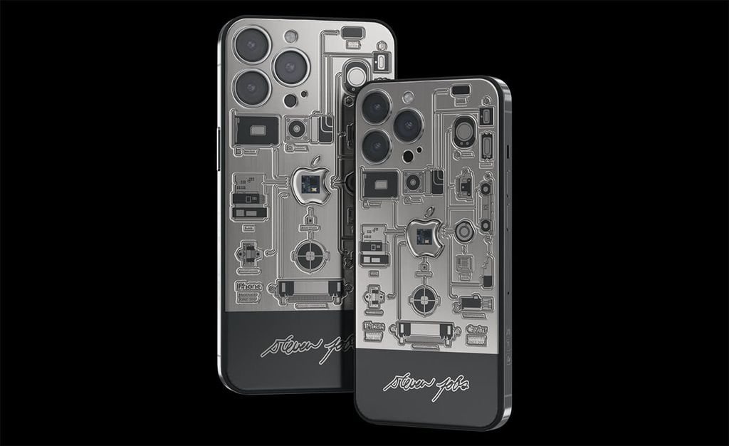 Desenhos na parte traseira do iPhone 13 Pro destacam os componentes do iPhone original (Imagem: Divulgação/Caviar)