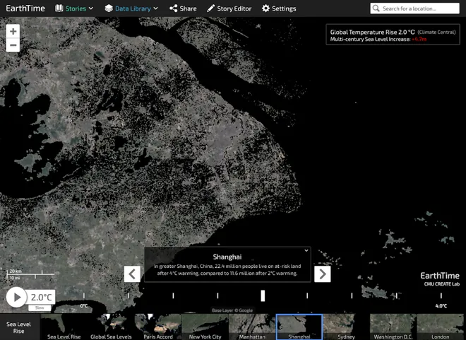 Simulação do aumento do nível dos oceanos em Shanghai, China, na plataforma EarthTime (Imagem: Reprodução/EarthTime via WE Forum)