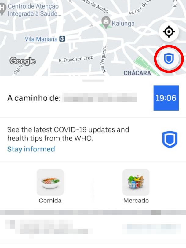 Durante uma viagem, abra o app da Uber e clique no ícone de "Escudo" (Captura de tela: Matheus Bigogno)