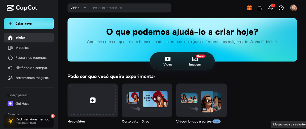 CapCut oferece ferramentas e modelos para usar em projetos de edição de vídeo (Imagem: Captura de tela/Guilherme Haas/Canaltech)