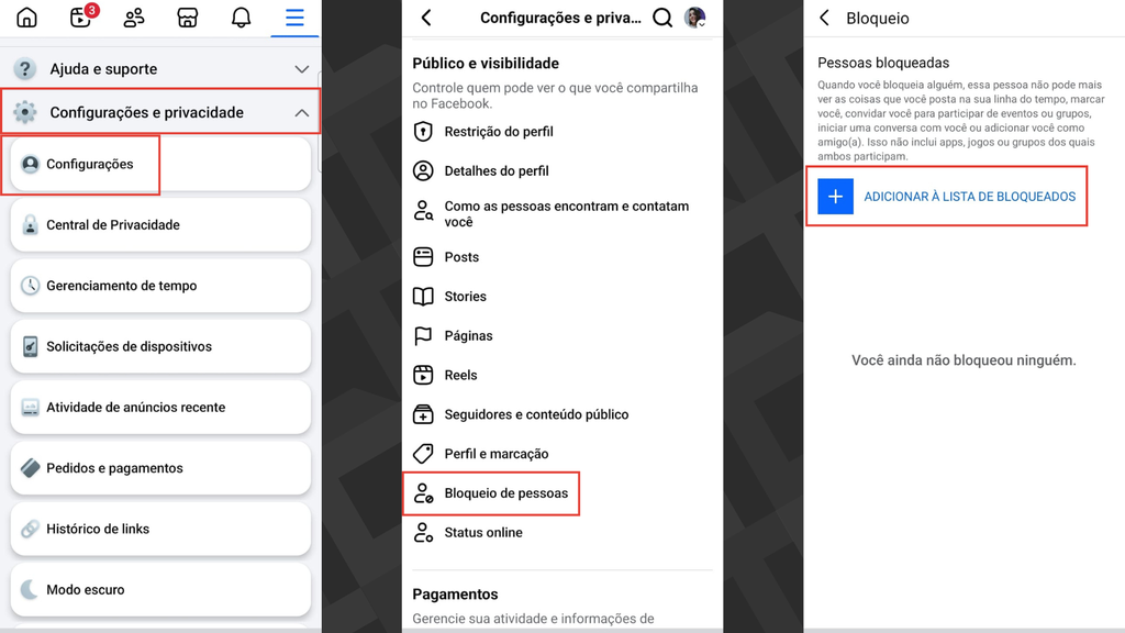 Passos para bloquear alguém no Facebook