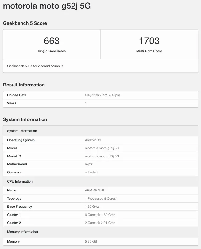 Moto G52J 5G terá processador Snapdragon 695 (Imagem: Geekbench Browser)