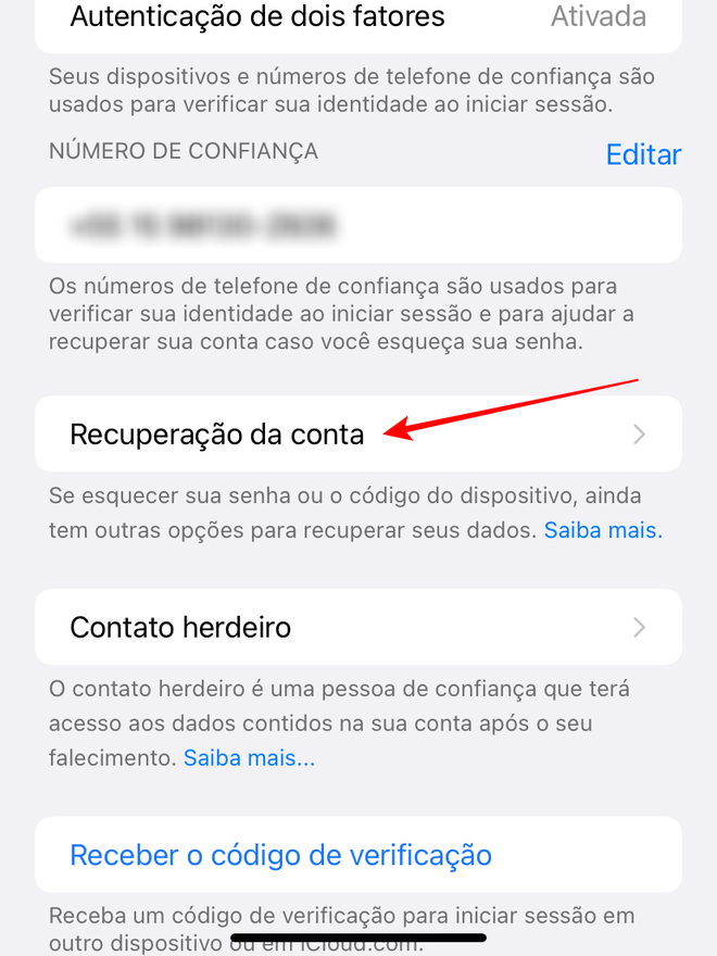 A seção "Recuperação de conta" conta com meios de recuperar o seu ID Apple - Captura de tela: Thiago Furquim (Canaltech)