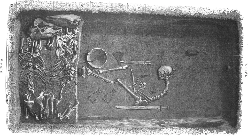 Túmulo de Birka, contendo um esqueleto feminino, várias armas e cavalos sacrificados (Imagem: Hedenstierna-Jonson et al./Physical Anthropology)