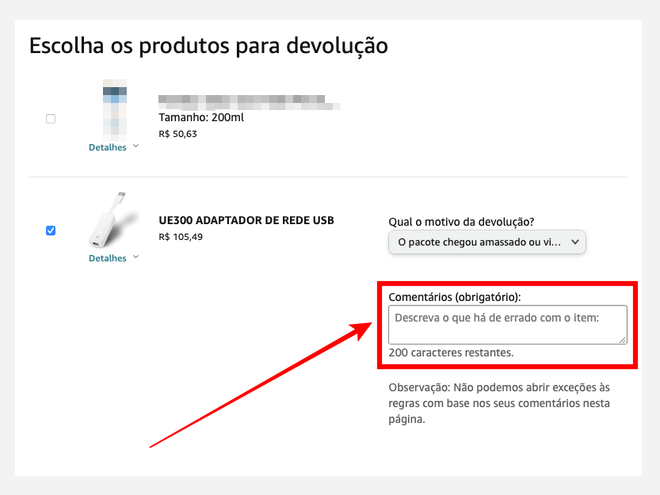 Na web, é obrigatório inserir uma descrição contando sobre o que está te levando a devolver o produto (Captura de tela: Caio Carvalho/Canaltech)