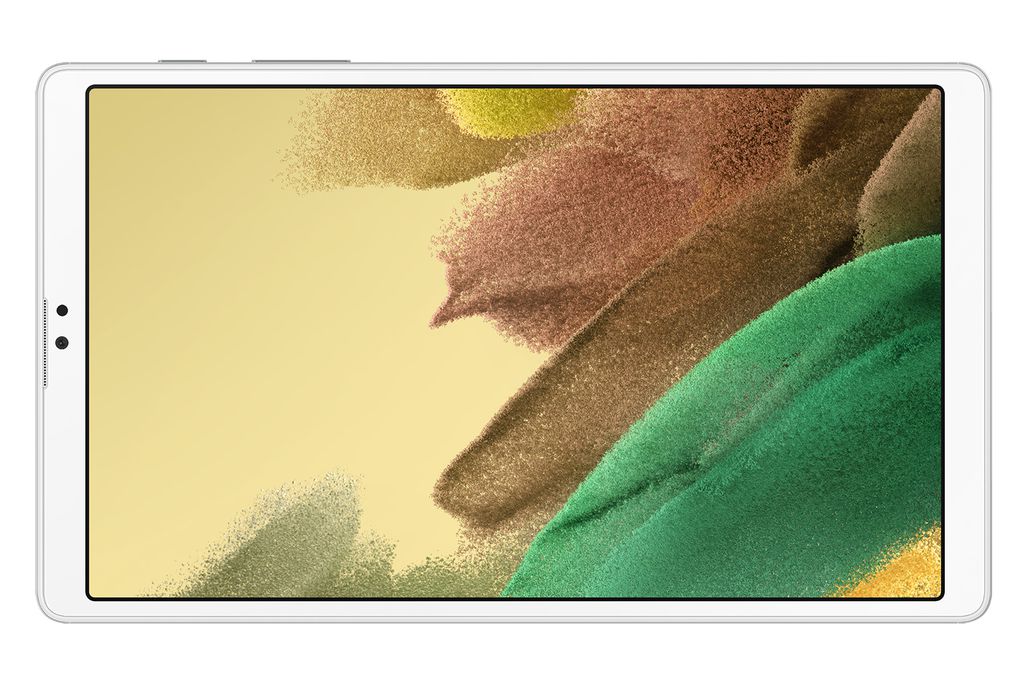 Versão prata do Galaxy Tab A7 Lite tem frente com bordas brancas (Imagem: Divulgação/Samsung)