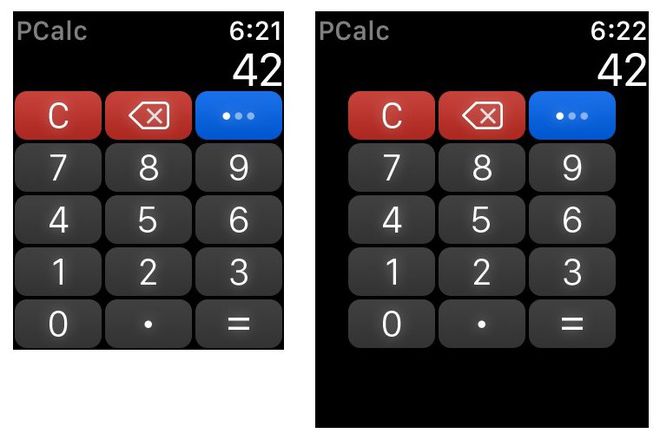 À esquerda, o aplicativo PCalc rodando no Apple Watch Series 3; à direita, o mesmo app em simulação das dimensções do Watch Series 4. (Imagem: reprodução/9To5Mac)