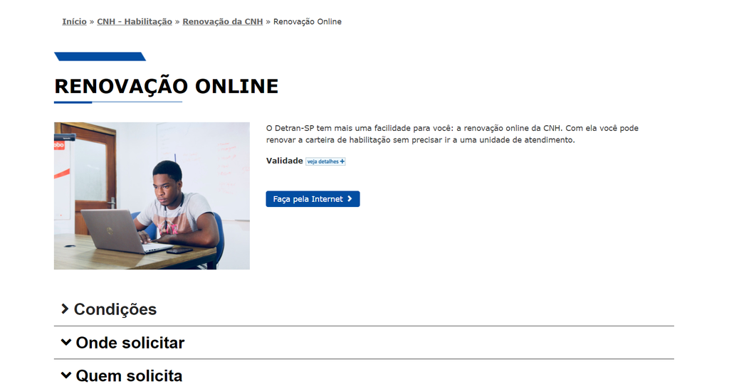 Além de permitir a renovação da CNH, o site do Detran SP contém todas as informações necessárias para você executar o processo (Imagem: Captura de tela/Fabrício Calixto/Canaltech)