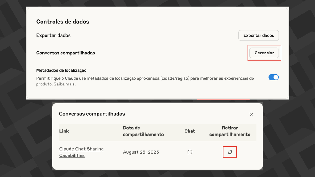 Passos para remover o acesso público às conversas no Claude 