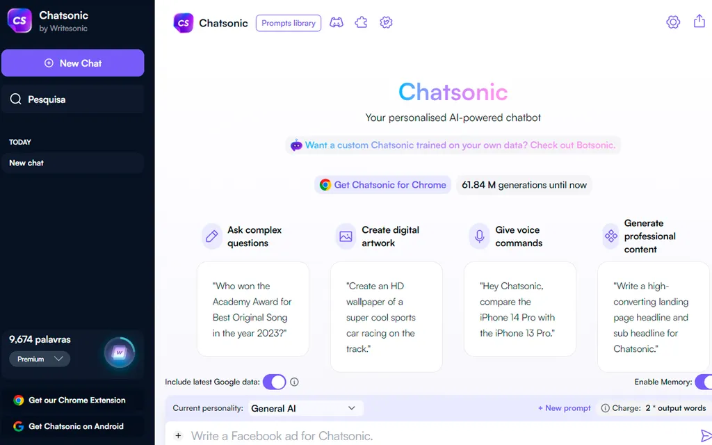 Chatsonic inclui diversas opções de filtros (Imagem: Captura de tela/André Magalhães/Canaltech)