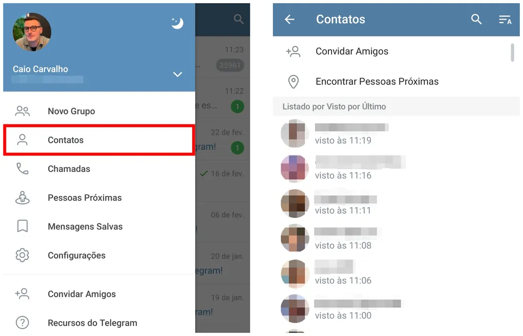 Acesse a lista de contatos para saber se uma pessoa tem Telegram (Captura de tela: Caio Carvalho)