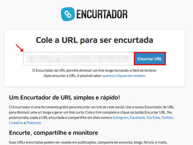 Acesse o site Encurtador, cole o link no local indicado e clique em "Encurtar URL" (Captura de tela: Matheus Bigogno)