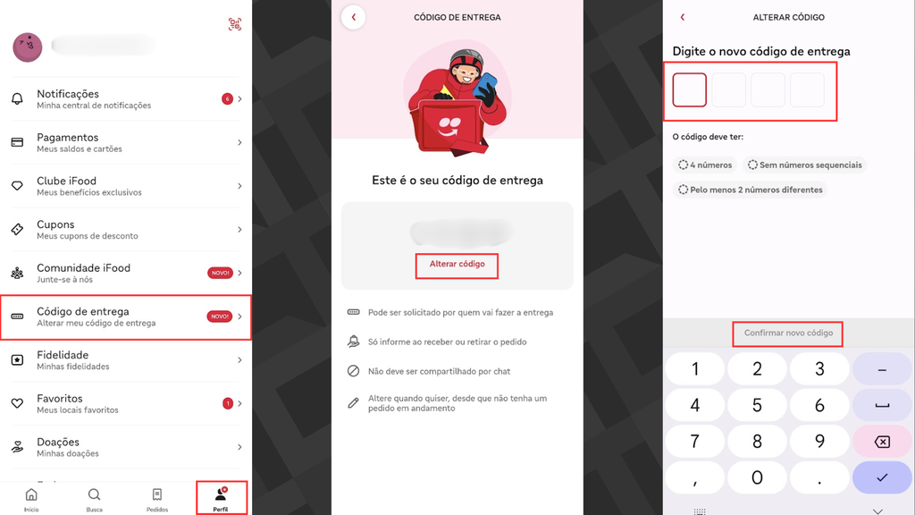 Captura de tela com o passo a passo para alterar o código de entrega do iFood