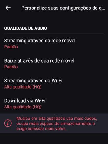 Escolha a qualidade do áudio para quando o app está usando rede móvel ou Wi-Fi (Captura de tela: Matheus Bigogno)