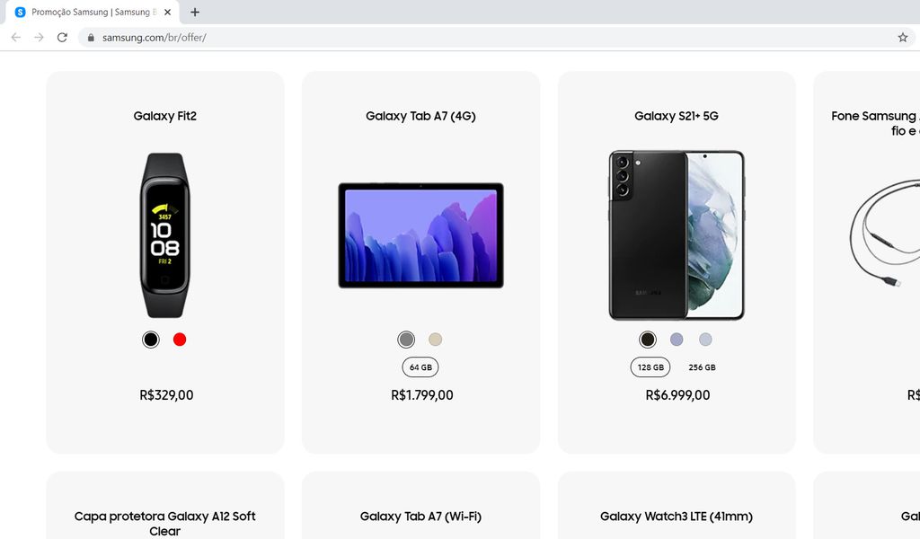 Página de ofertas da Samsung Brasil mostra possível preço do S21+ (Imagem: Captura de tela/Felipe Junqueira)