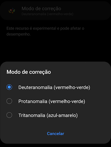 Android oferece modos de correção para tipos de daltonismo (Imagem: André Magalhães/Captura de tela)