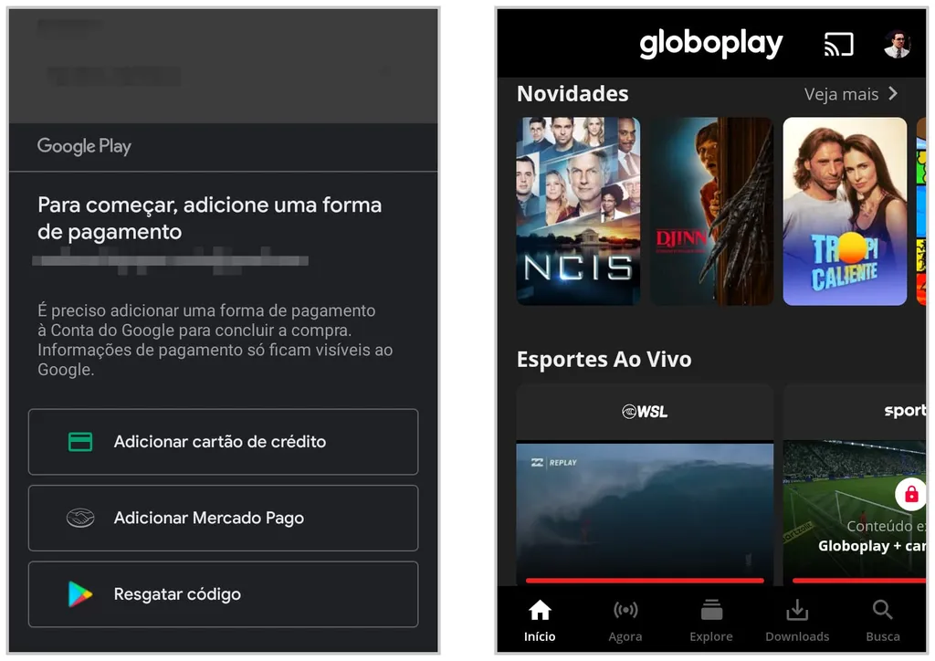 Efetue o pagamento com a Play Store ou a App Store para ver filmes, séries e novelas (Captura de tela: Matheus Bigogno)