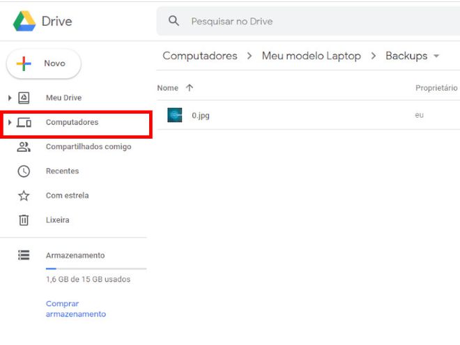 Para acessar a pasta de backup, acesse a aba "Computadores" do menu lateral do Google Drive (Captura de tela: Matheus Bigogno)