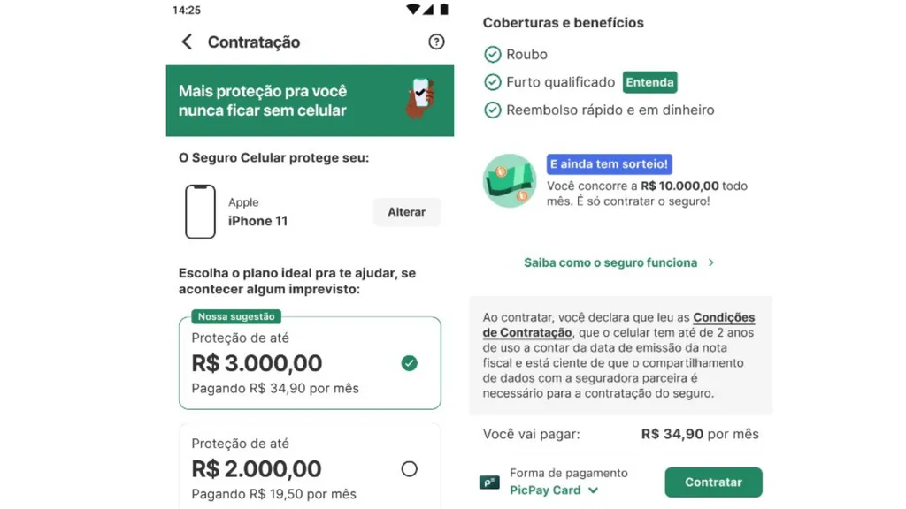 Para celulares que custam R$ 3.000, o cliente do PicPay pagará R$ 34,90 por mês do seguro (Imagem: Divulgação/PicPay)